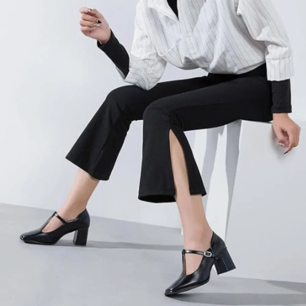 Miss Left Black Square Toe Mary Jane Pump T-Strap Mid Chunky Heel Dress Shoes